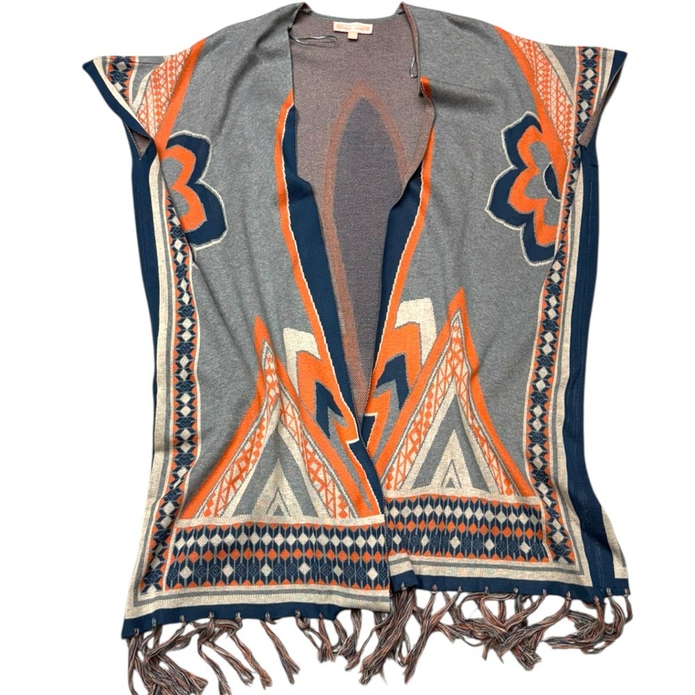 Peachpuff Gray Orange Boho Tribal Fringe Open Poncho Size Small Aztec Southwest